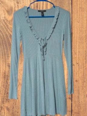 Forever 21 Dusty Blue Ruffle-Trim Long Sleeve Dress